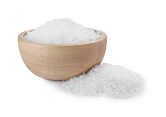 Wooden bowl and heap of natural sea salt isolated on white