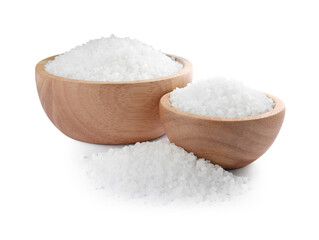 Wooden bowls and heap of natural sea salt isolated on white