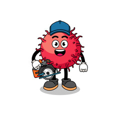 Cartoon Illustration of rambutan fruit as a woodworker