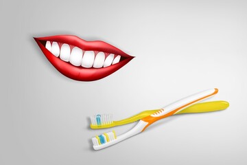 Big happy smile and toothbrush on light background