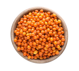 Fresh ripe sea buckthorn berries in wooden bowl isolated on white, top view