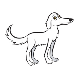 Naklejka na ściany i meble Cute white borzoi dog meme. Cartoon illustration of the dog whose muzzle is quite long. It's standing and happy. Vector isolated on transparent background.