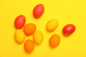 Painted Easter eggs on yellow background