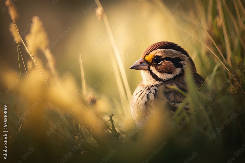 Poster photograph taken with a shallow depth of field, focusing on a rare sparrow in the midst of a grassy 