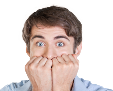 Portrait of happy businessman with hands on face on background