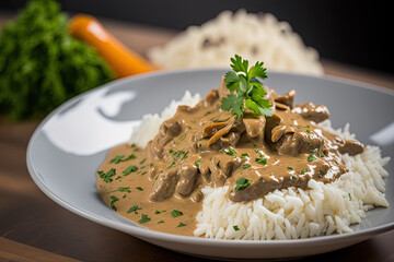 A dish of stroganoff is served in a restaurant, with a portion of white rice.