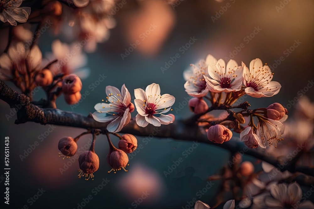 Poster Sharpened image of a cherry blossom tree branch Generative AI