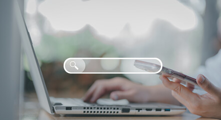 Using Search Console with your website. Data Search Technology Search Engine Optimization. man's hands are using a computer keyboard and smartphone to Searching for information. 
