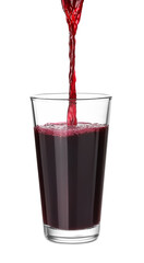 Pouring fresh juice into glass on white background
