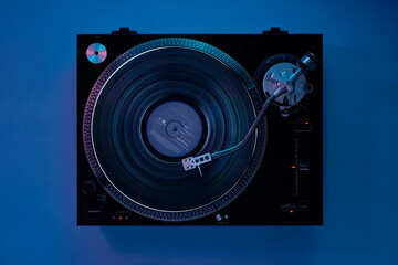 Record Player Overhead View with Vinyl Record Spinning and Night Time Club Living Room Atmosphere 