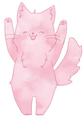 両手をあげる笑顔の長毛のねこ（赤色）