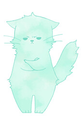 イライラした様子で腕を組む長毛のねこ（青色）