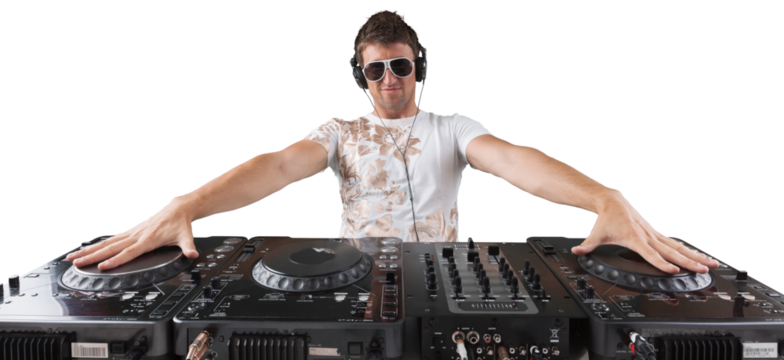 Portrait of confident young DJ with headphones on head mixing music on mixer
