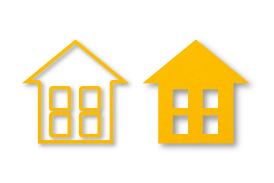 Yellow paper cut house shapes apart on transparent background.