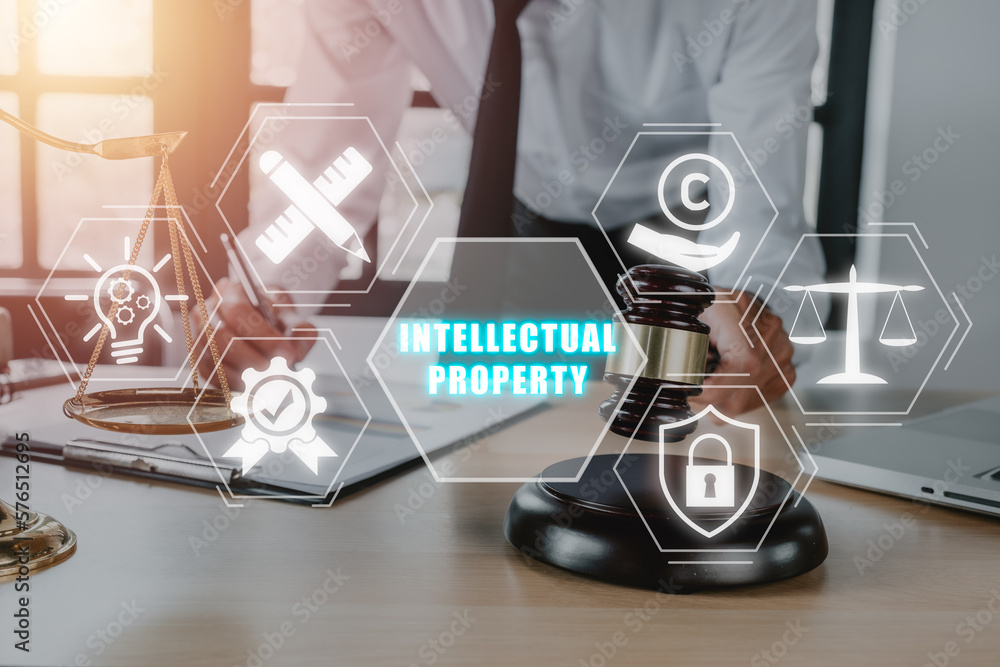 Poster intellectual property concept, male judge working with laptop computer in courtroom with intellectua