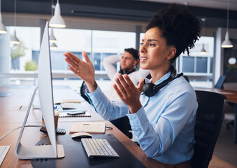 Call center, stress and woman in office with problem, 404 or internet glitch while working in...