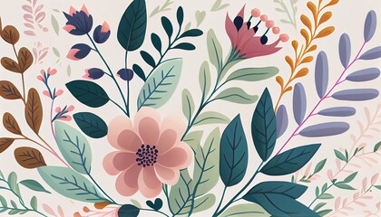 a repeating floral pattern with pastel-colored flowers and leaves on a light background. The flowers have delicate petals in shades of pink, blue, and yellow, with green leaves and stems.
