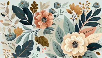 Fotobehang a repeating floral pattern with pastel-colored flowers and leaves on a light background. The flowers have delicate petals in shades of pink, blue, and yellow, with green leaves and stems. © icehawk33