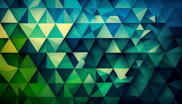a repeating geometric pattern of triangles in different shades of blue and green. The triangles are arranged in an alternating pattern, creating a dynamic and playful effect.