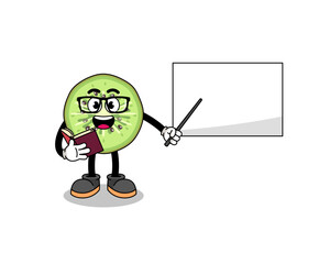 Mascot cartoon of sliced kiwifruit teacher