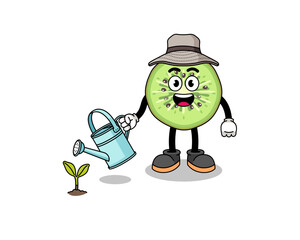 Illustration of sliced kiwifruit cartoon watering the plant