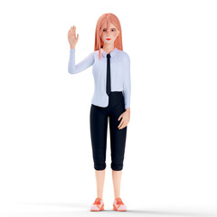 3D Illustration school girl rising up right hand to answer question