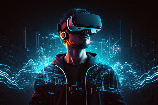 AI artificial intelligence man wearing VR glasses virtual global world internet connection and a new experience in the future metaverse. Metaverse technology concept: innovation of the futuristic