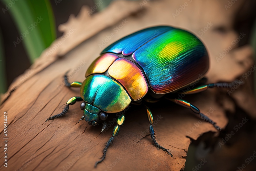 Poster a rainbow scarab beetle captured in a blurred-out depth-of-field image. generative ai