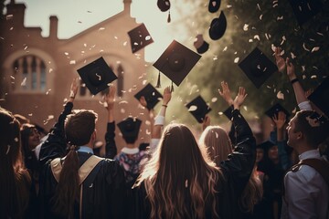 Back view of large group of graduated teenagers throwing their caps in the air. Generative AI