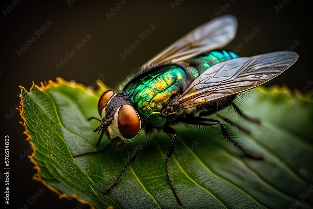 Poster a close-up of a green leaf with a zoomed-in fly generative ai
