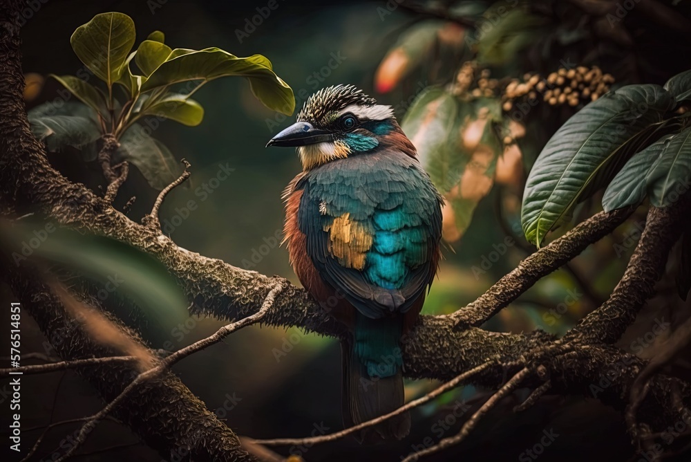 Poster image taken with a narrow depth of field, focusing on an exotic bird perched on a thick tree limb ge