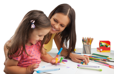 Happy young mother and daughter painting