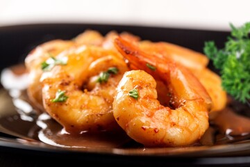 Delicious shrimp tasty dish in plate