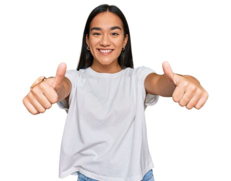 Young asian woman wearing casual white t shirt approving doing positive gesture with hand, thumbs up smiling and happy for success. winner gesture. - Powered by Adobe