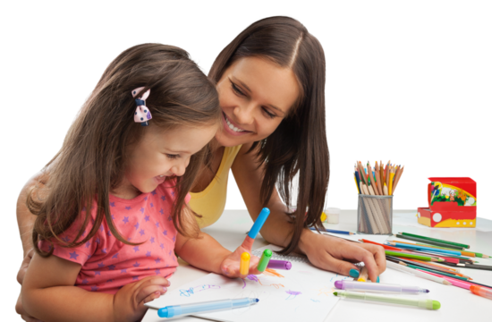 Happy young mother and daughter painting