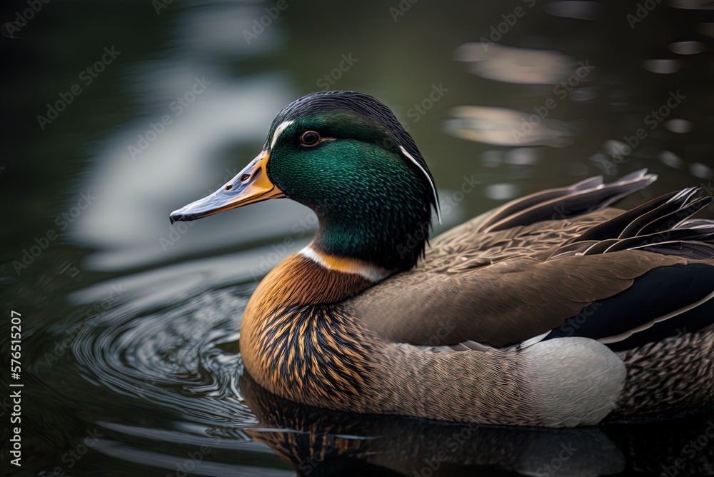 Poster the mallard duck is in sharp focus as it waddles along the edge of the pond. generative ai