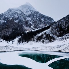 Lake at the base of a snowy mountain.