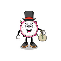 dragon fruit mascot illustration rich man holding a money sack