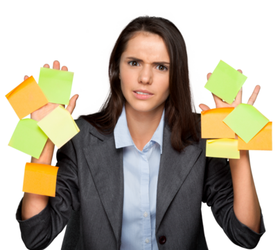 Young businesswoman covered with stickers isolated on white background