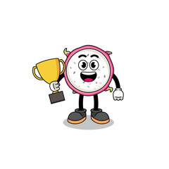 Cartoon mascot of dragon fruit holding a trophy