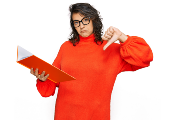 Young hispanic woman reading a book wearing glasses with angry face, negative sign showing dislike with thumbs down, rejection concept