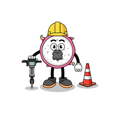 Character cartoon of dragon fruit working on road construction