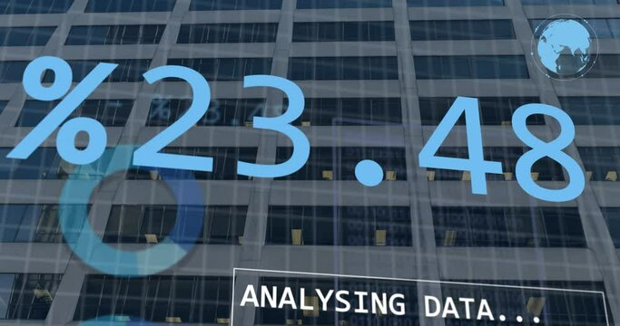 Animation of financial data processing over office building