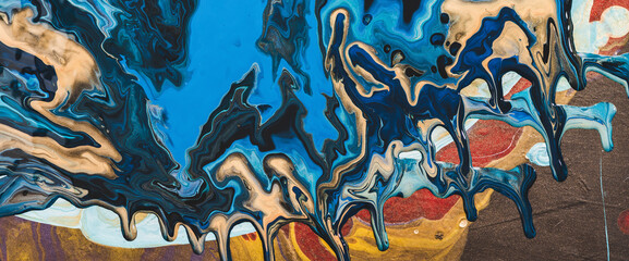Chaotic fluid art background with mix of phantom blue and many tints. Liquid ink flows down canvas. Flowing effect of acrylic paints smudges. Blue abstract texture with color mixing. Fluid dirty image