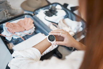 Travel, suitcase and watch with hands of woman for planning, vacation and packing clothing....
