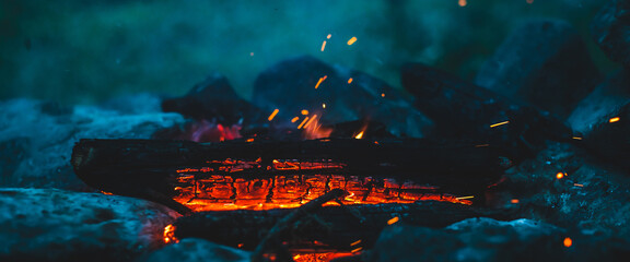 Fototapeta na wymiar Vivid smoldered firewoods burned in fire close-up. Atmospheric warm background with orange flame of campfire and blue smoke. Unimaginable full frame image of bonfire. Burning logs in beautiful fire.