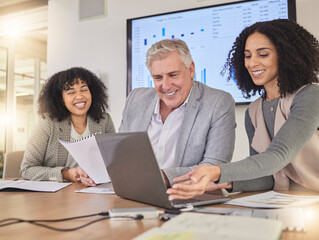Happy, coaching and business people on laptop for creative, collaboration and project plan in...