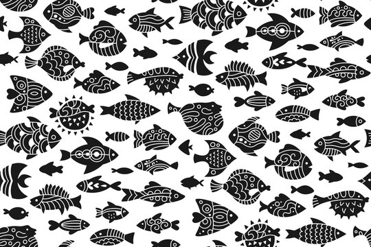 Fish abstract tropical ornamental stamp seamless pattern. Linear doodle trendy exotic aquarium animal boundless ornament, cartoon nautical repeat wallpaper. Ornament freshwater, sea fishes background