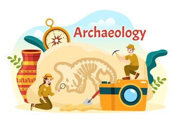 Archeology Illustration with Archaeological Excavation of ancient Ruins, Artifacts and Dinosaurs Fossil in Flat Cartoon Hand Drawn Templates