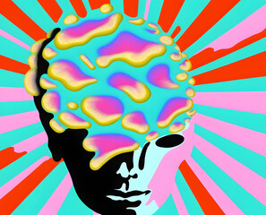 Glowing brain and light bulb illustration in color, idea concept